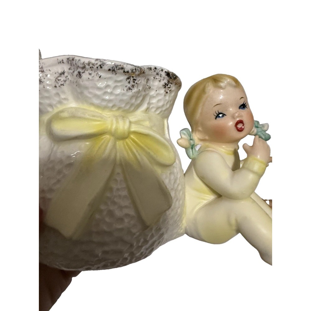 VTG Relpo #K1332 Yellow Baby Girl Figurine Planter Bows Pigtails Nursery Japan